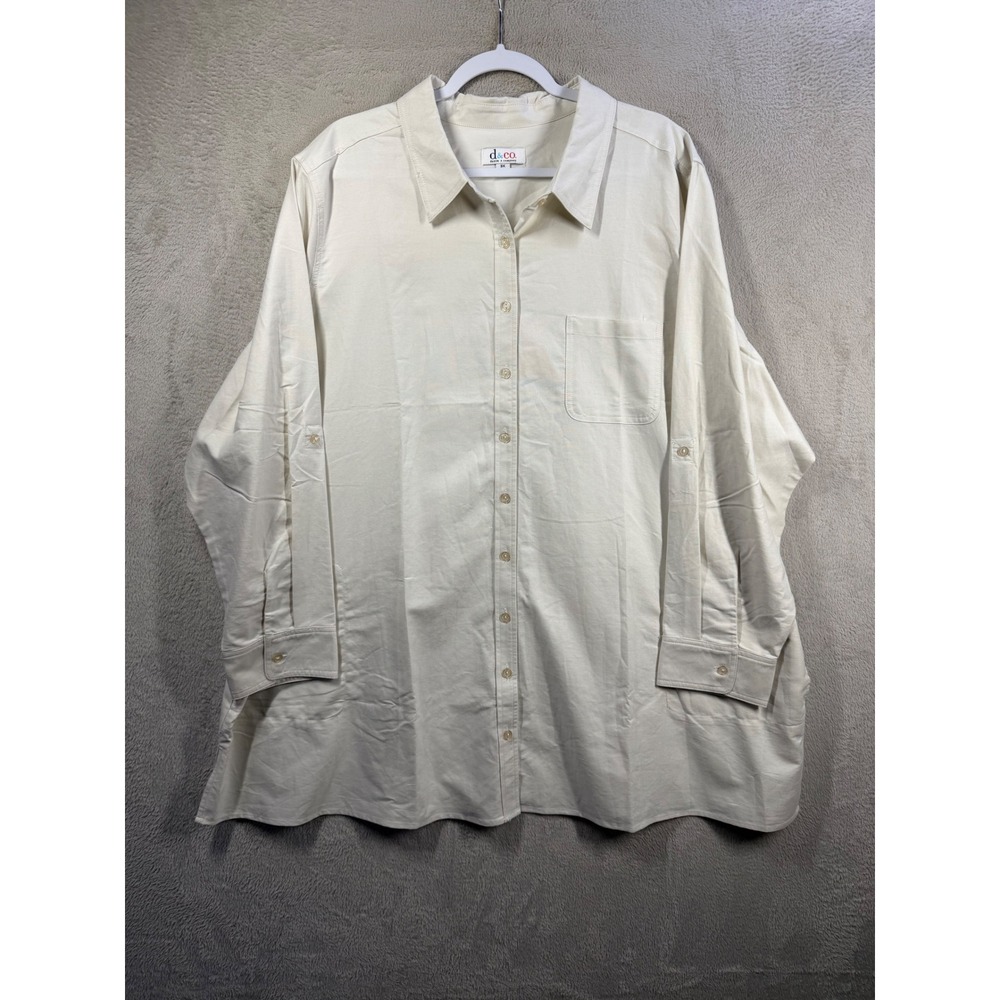 Denim & Co Button Down Shirt Women 3X Cream Roll Tab Sleeve Cotton Oversized